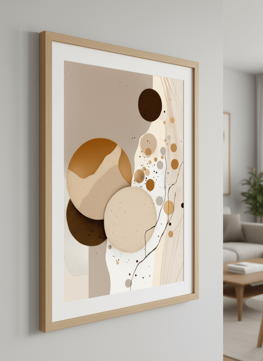 Modern wall art styled above a sofa in a neutral living room