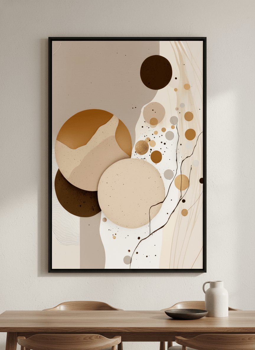 Wall art styled above a dining table in a contemporary home