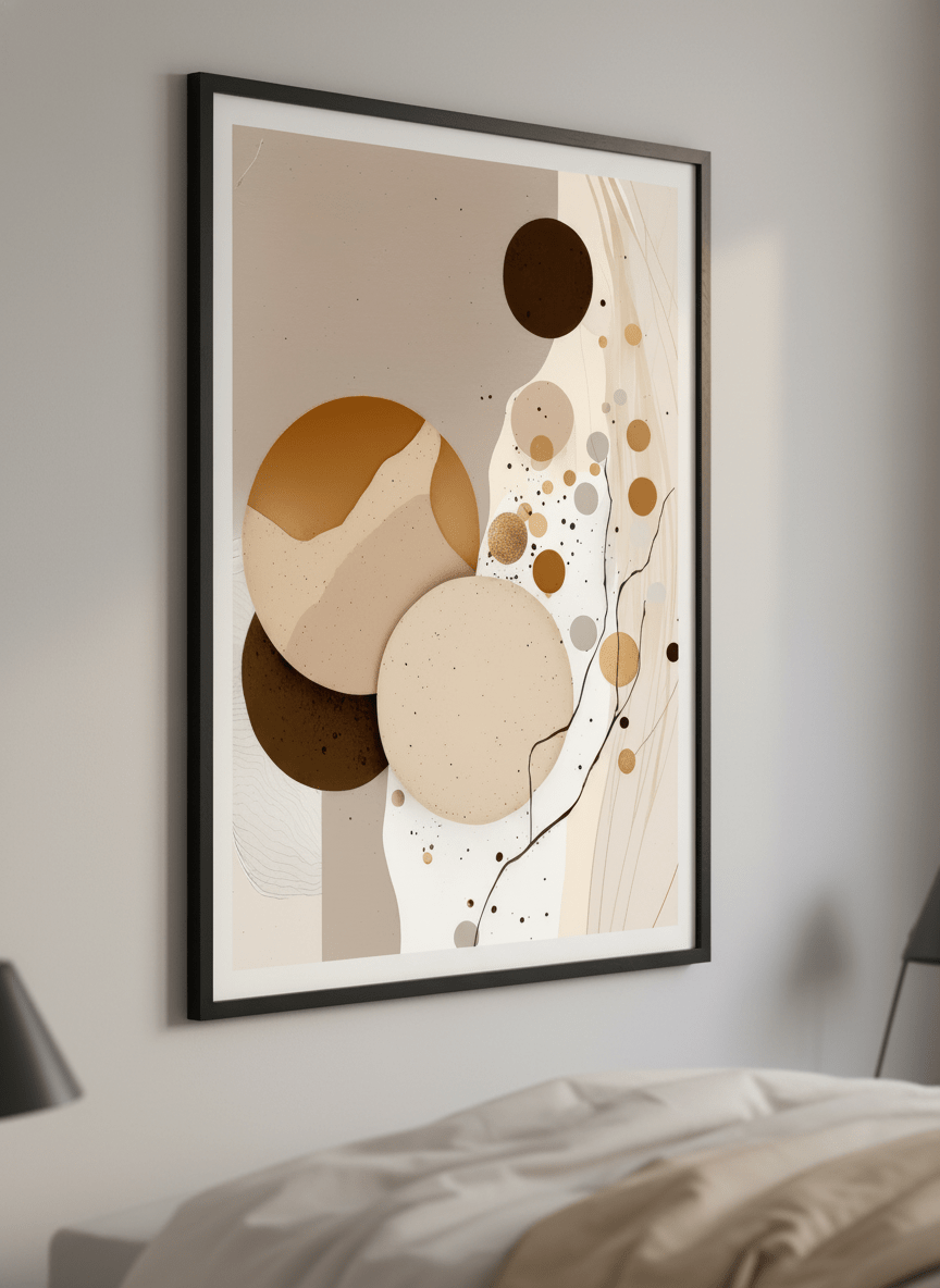 Minimalist artwork displayed in a calm, light-filled bedroom interior