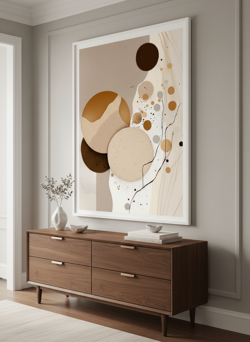 Monumental artwork centred on a feature wall in a luxe interior