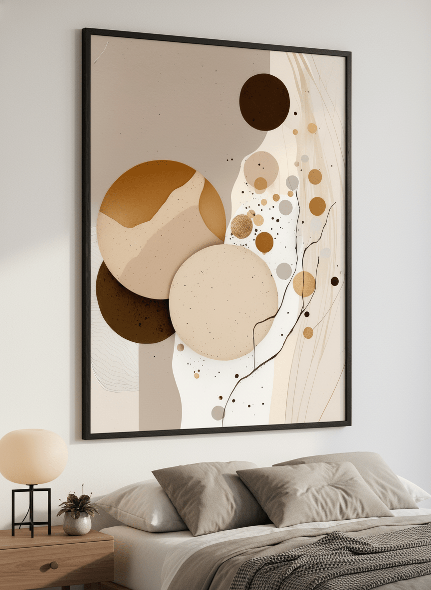 Minimalist artwork displayed in a calm, light-filled bedroom interior