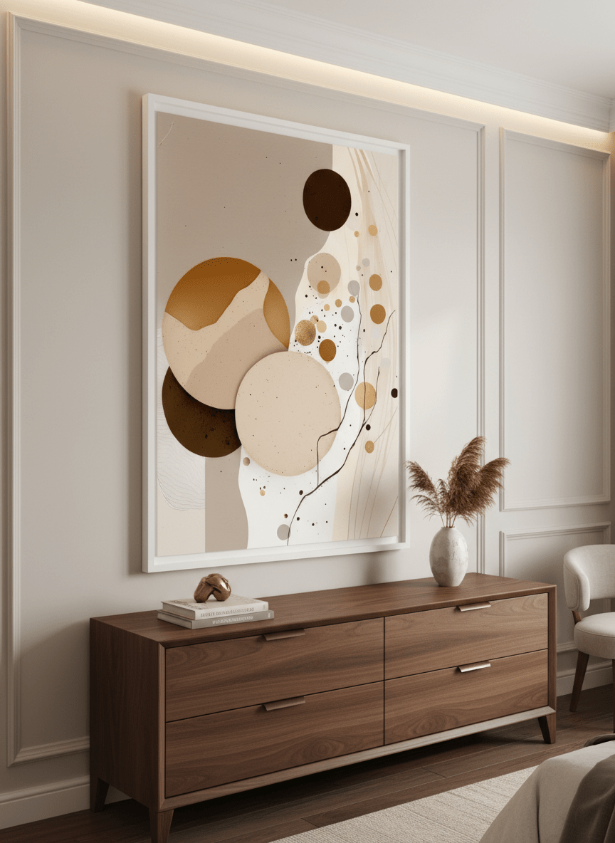 Monumental artwork centred on a feature wall in a luxe interior