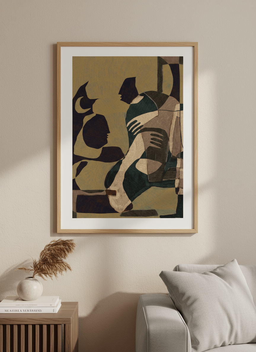 Modern wall art styled above a sofa in a neutral living room