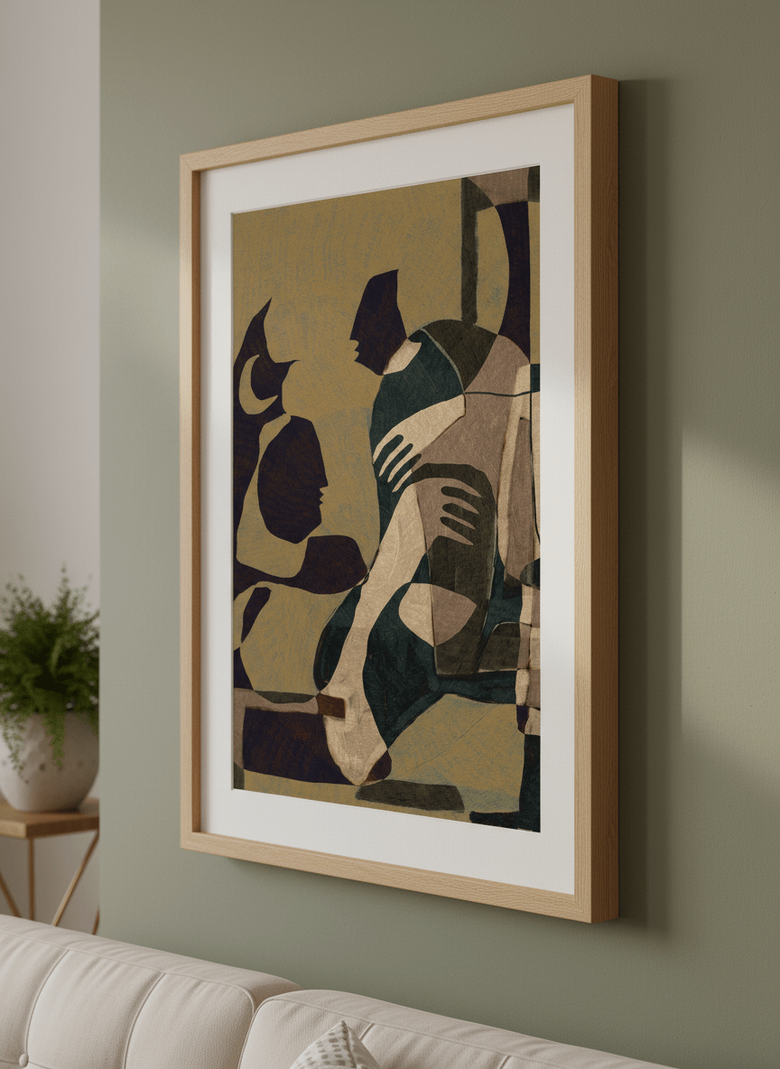 Modern wall art styled above a sofa in a neutral living room
