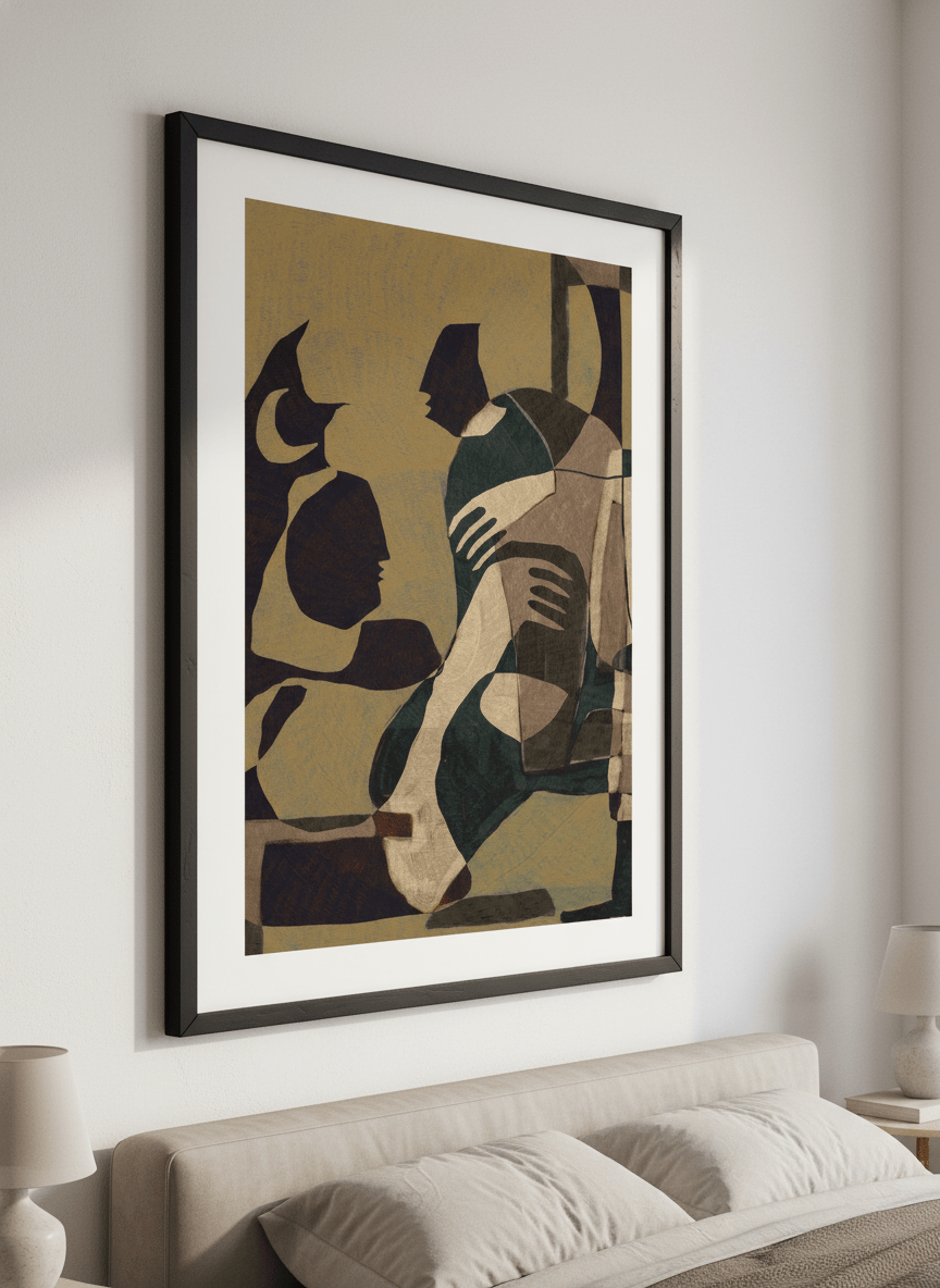 Minimalist artwork displayed in a calm, light-filled bedroom interior