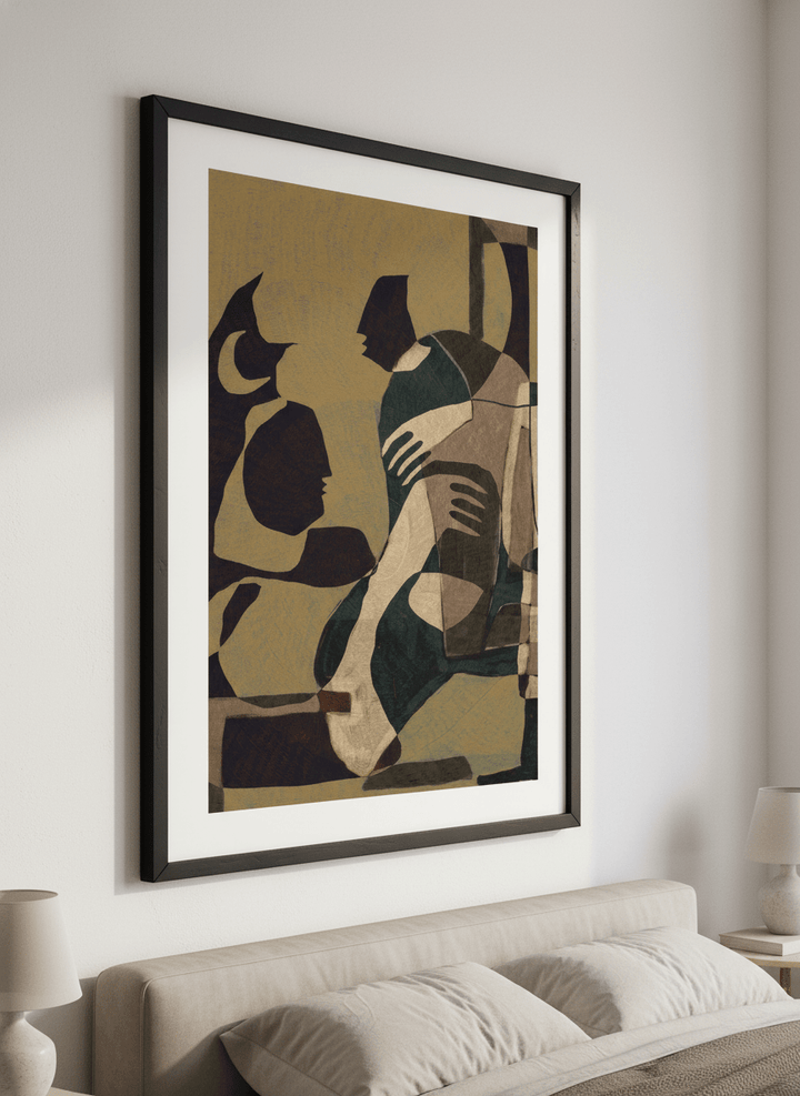 Minimalist artwork displayed in a calm, light-filled bedroom interior