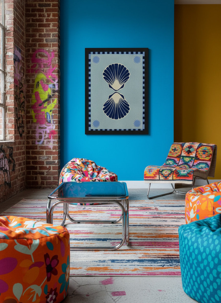 Bold wall art styled in a colourful, eclectic modern home