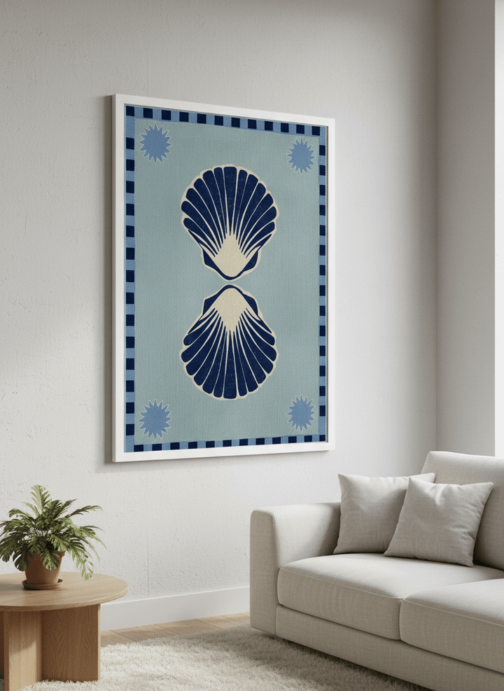 Modern wall art styled above a sofa in a neutral living room