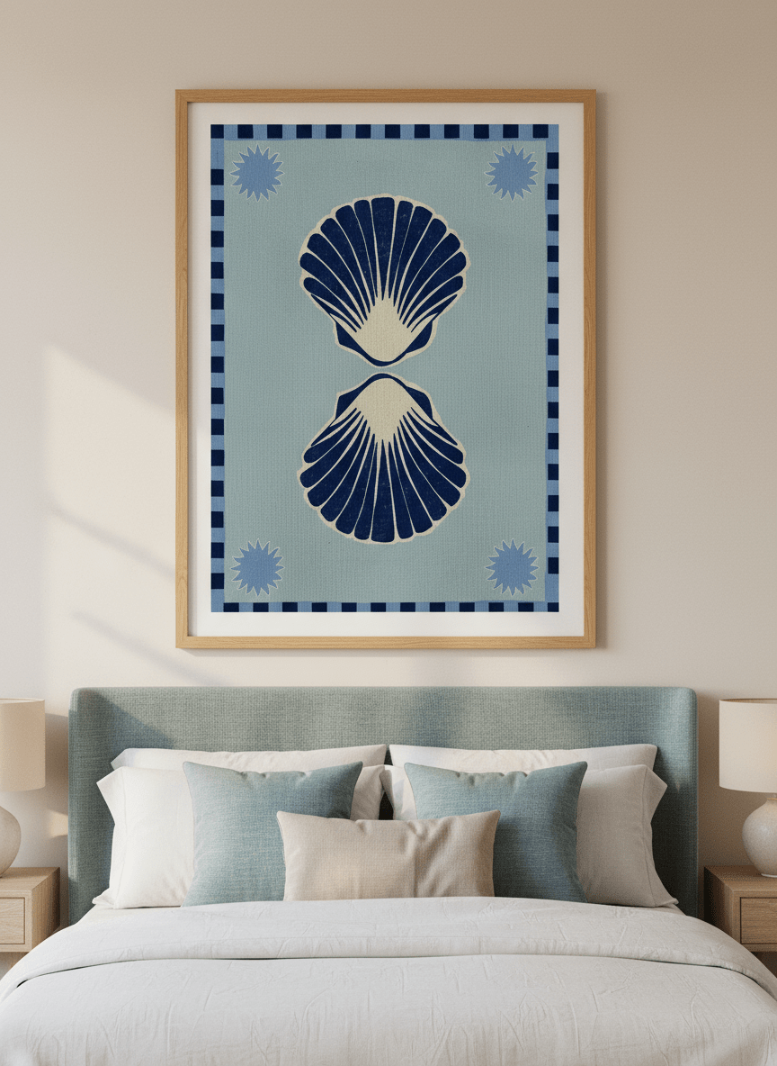 Minimalist artwork displayed in a calm, light-filled bedroom interior