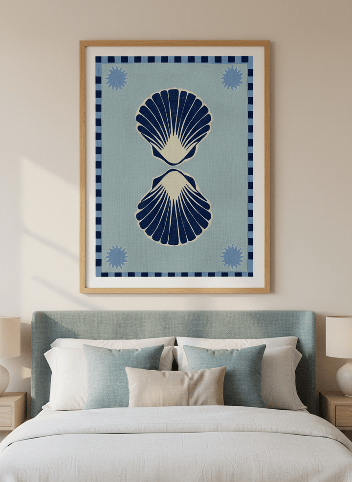 Minimalist artwork displayed in a calm, light-filled bedroom interior