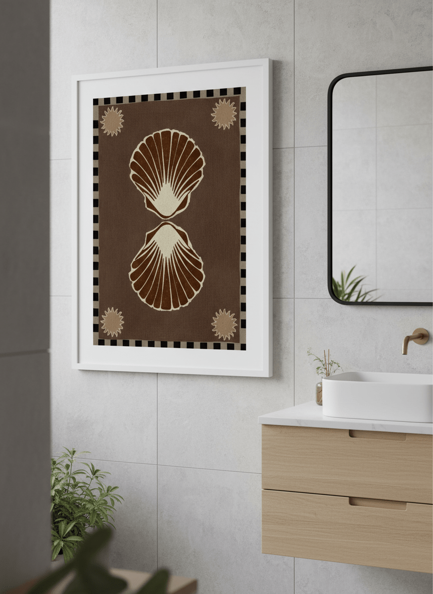 Modern print displayed in a clean minimalist bathroom setting