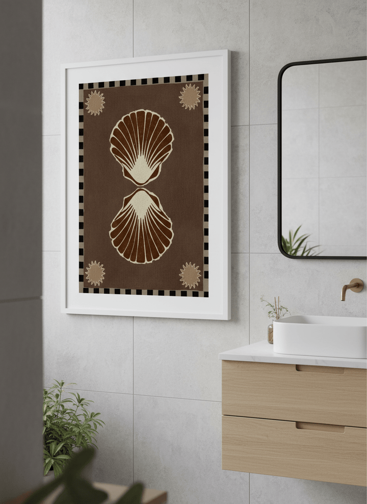 Modern print displayed in a clean minimalist bathroom setting