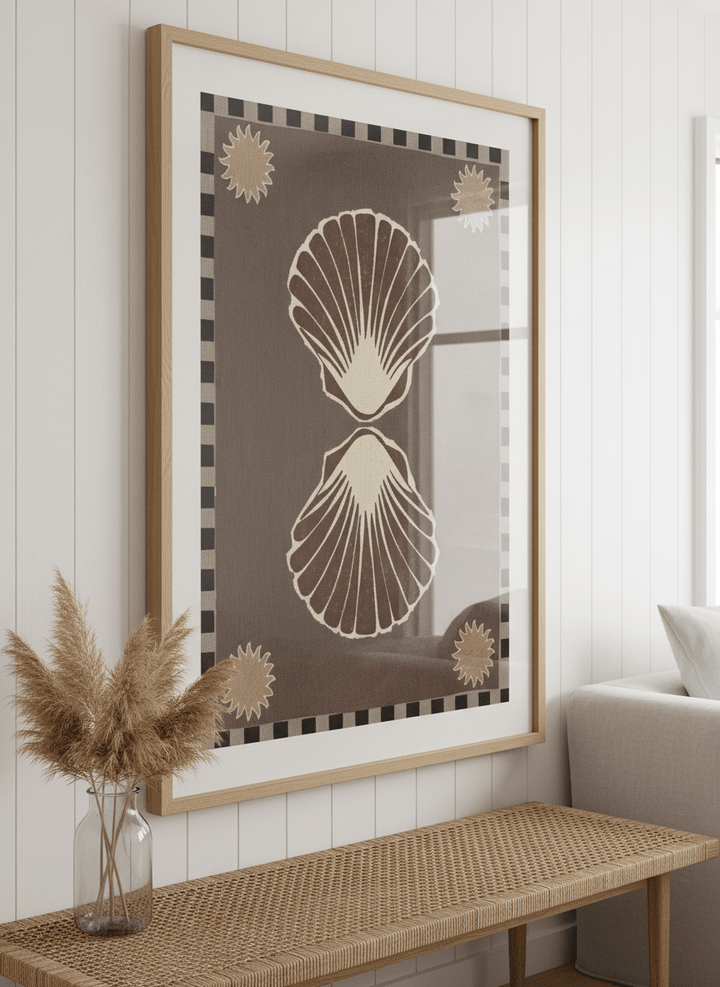 Neutral wall art displayed in a sunny coastal beach house