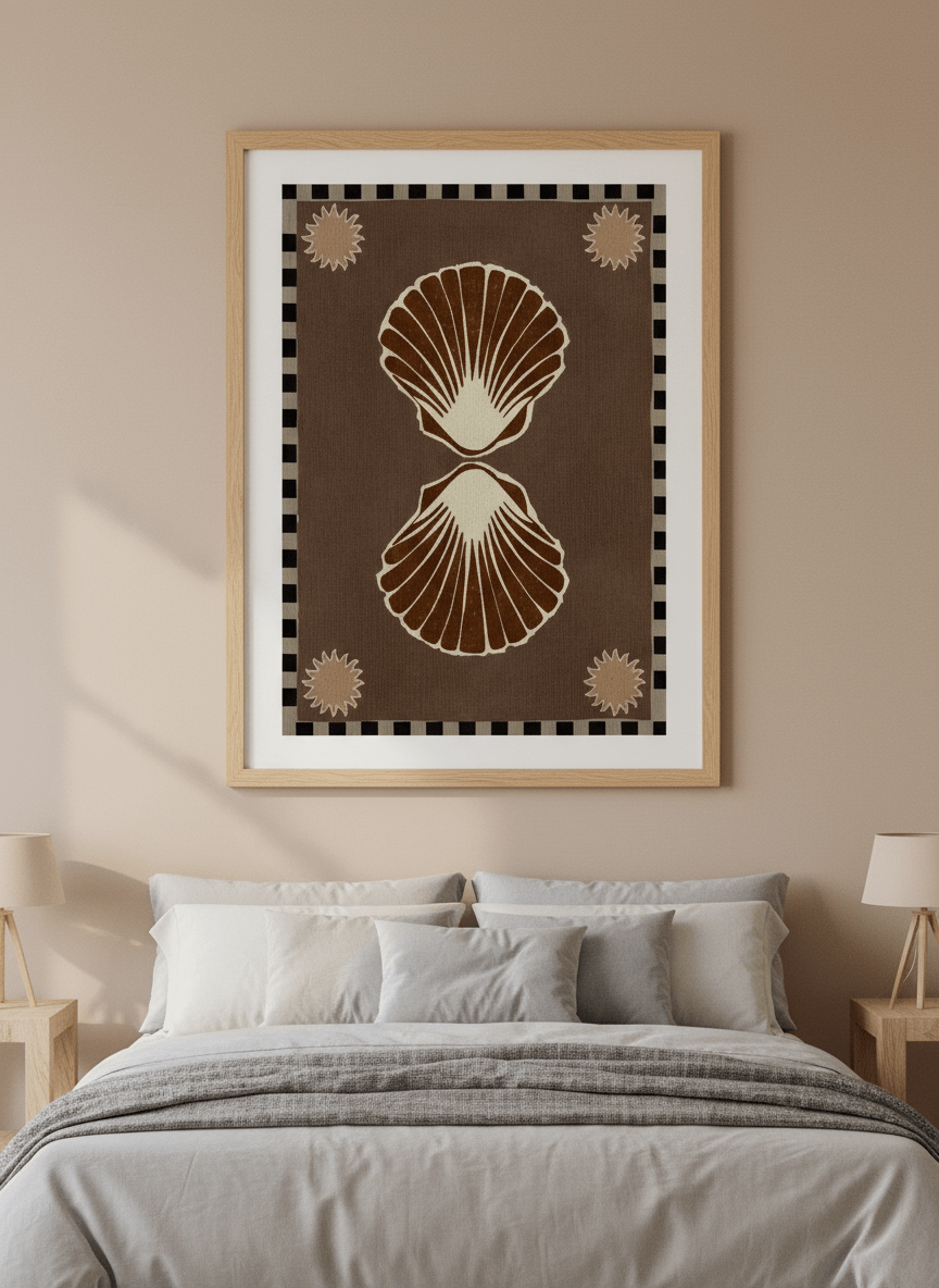 Minimalist artwork displayed in a calm, light-filled bedroom interior