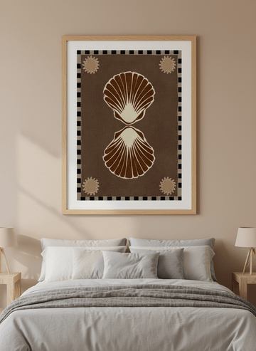 Minimalist artwork displayed in a calm, light-filled bedroom interior
