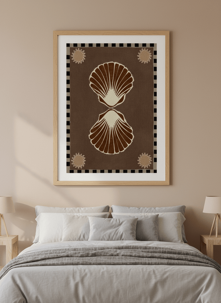 Minimalist artwork displayed in a calm, light-filled bedroom interior