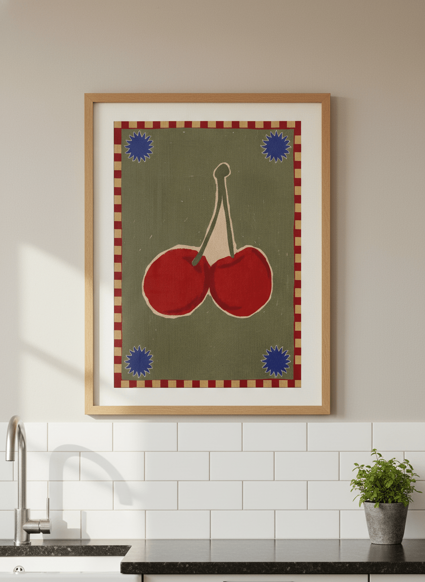 Artwork styled on the wall of a bright modern kitchen