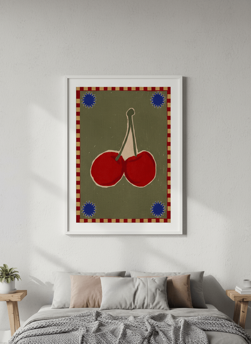 Minimalist artwork displayed in a calm, light-filled bedroom interior