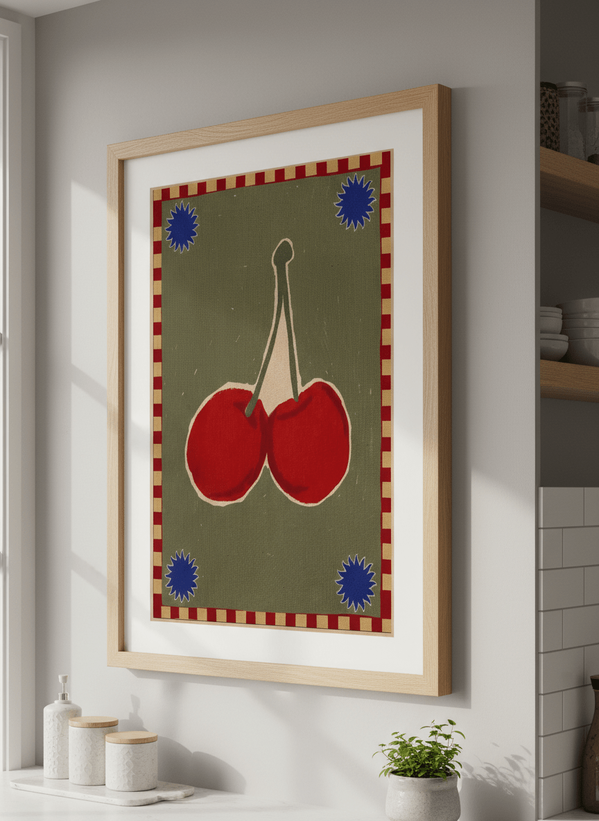 Artwork styled on the wall of a bright modern kitchen