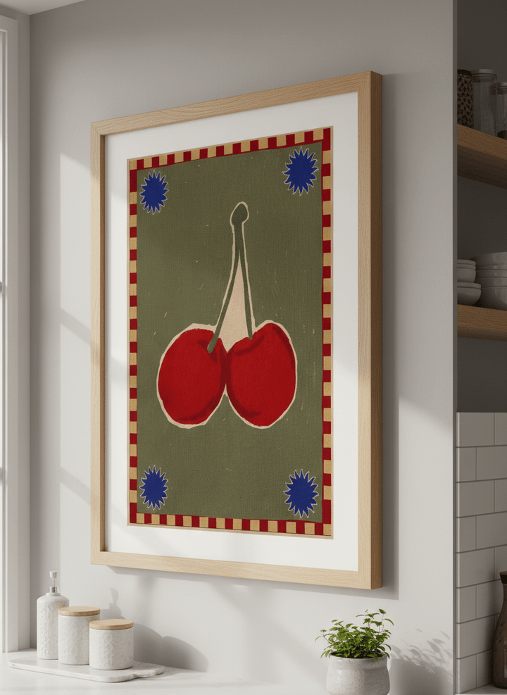 Artwork styled on the wall of a bright modern kitchen