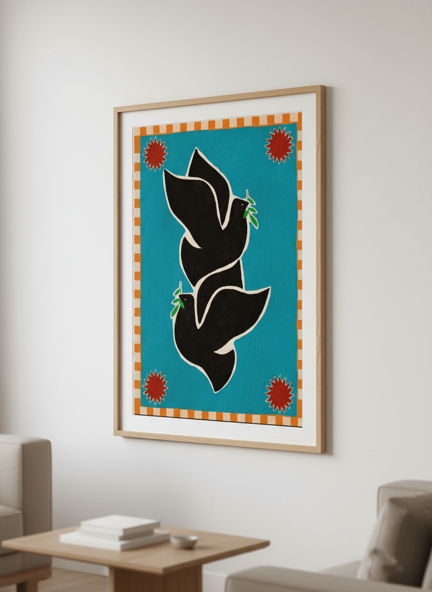 Modern wall art styled above a sofa in a neutral living room