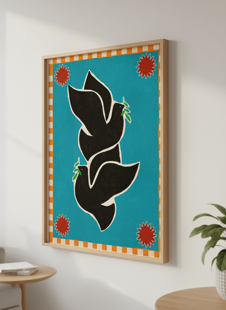 Modern wall art styled above a sofa in a neutral living room