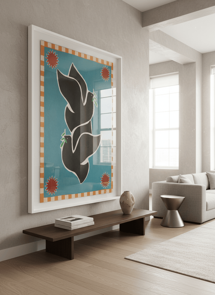 Monumental artwork centred on a feature wall in a luxe interior