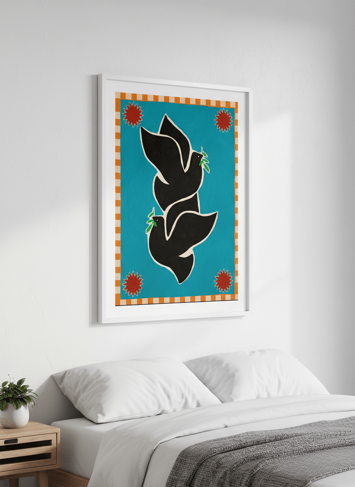 Minimalist artwork displayed in a calm, light-filled bedroom interior