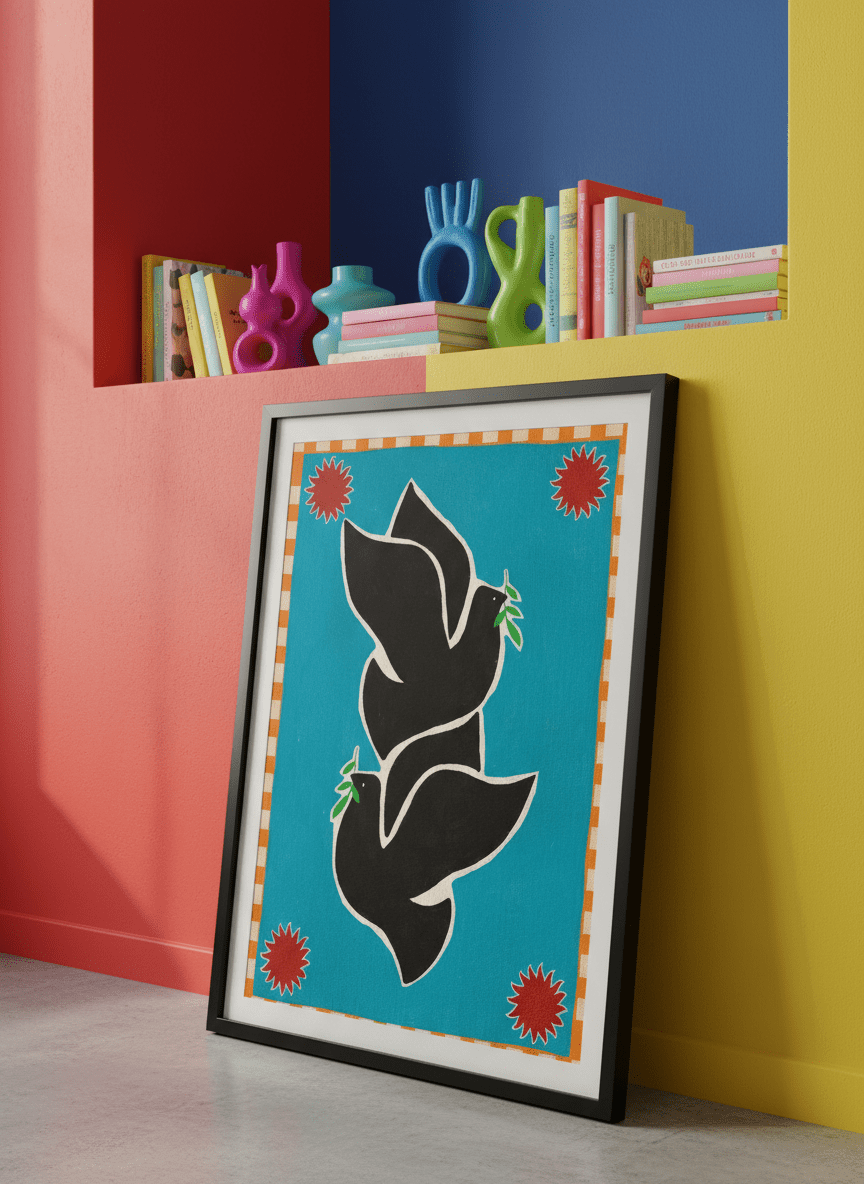 Bold wall art styled in a colourful, eclectic modern home