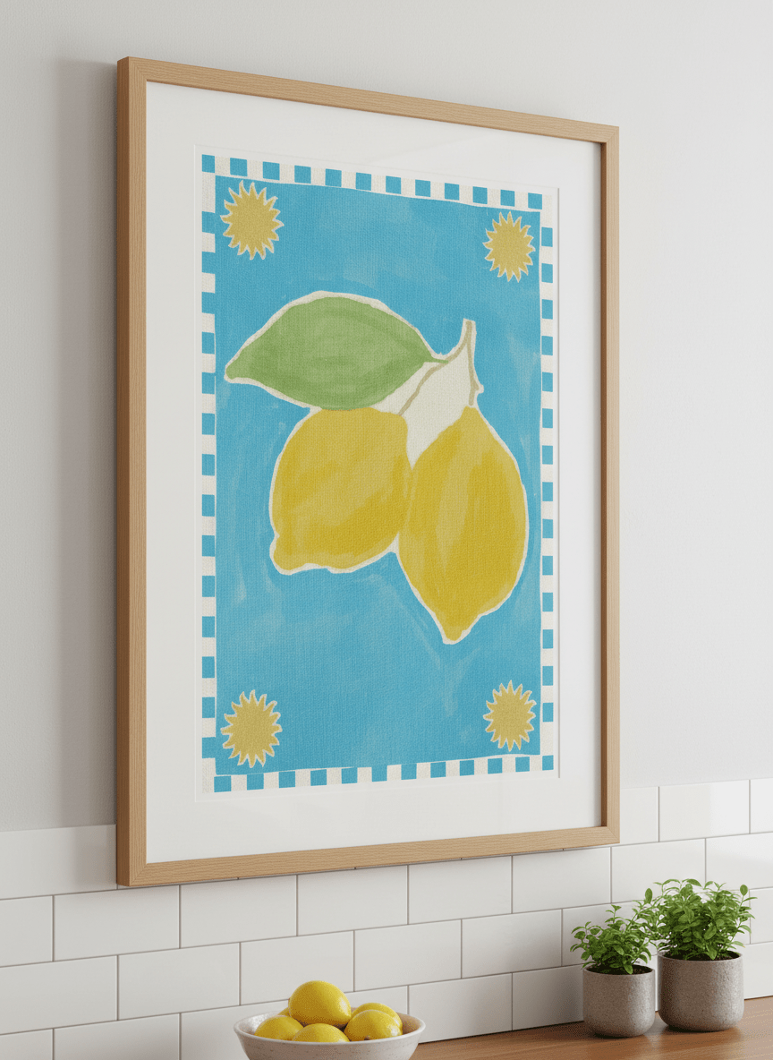 Artwork styled on the wall of a bright modern kitchen