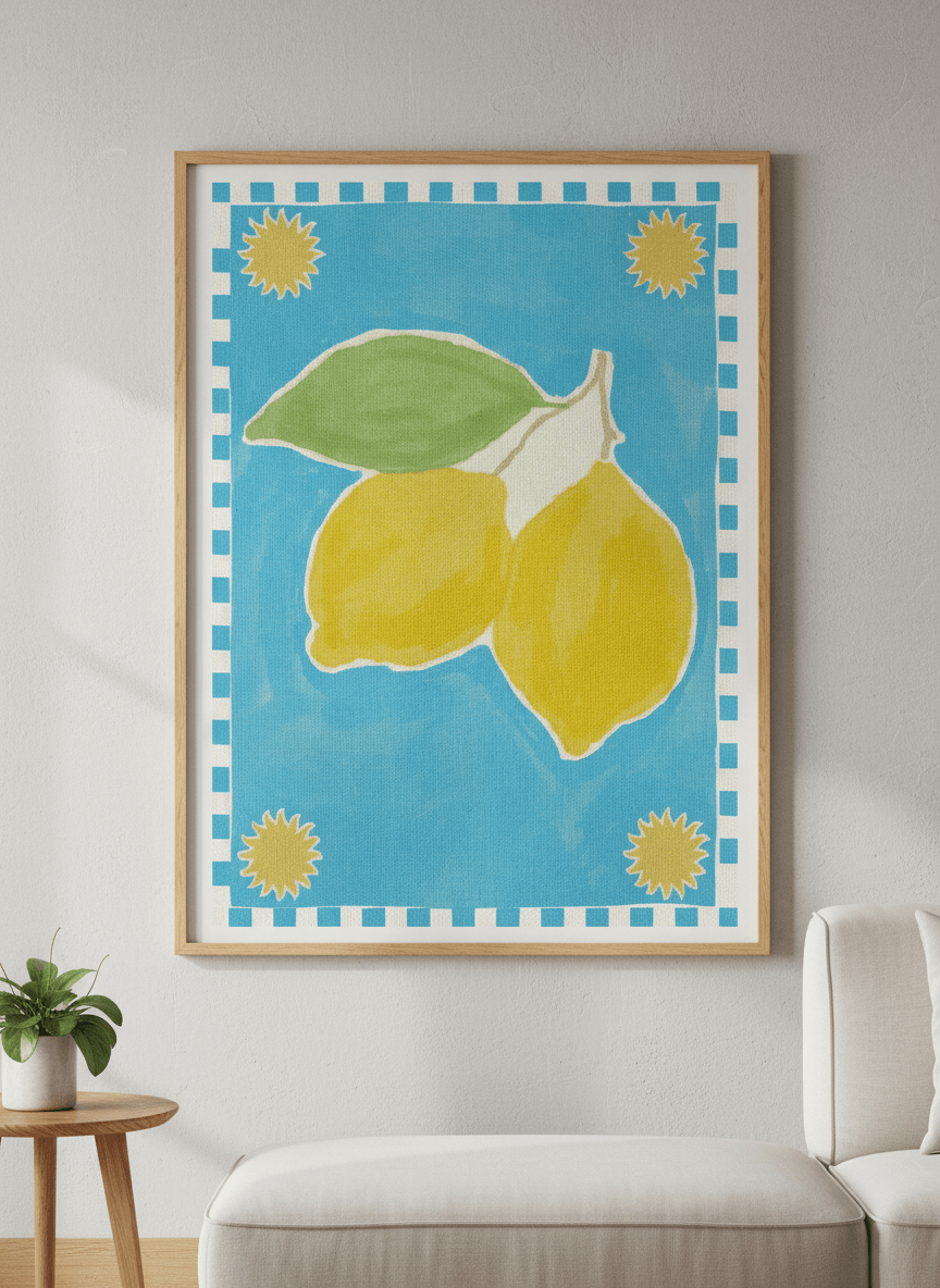 Modern wall art styled above a sofa in a neutral living room