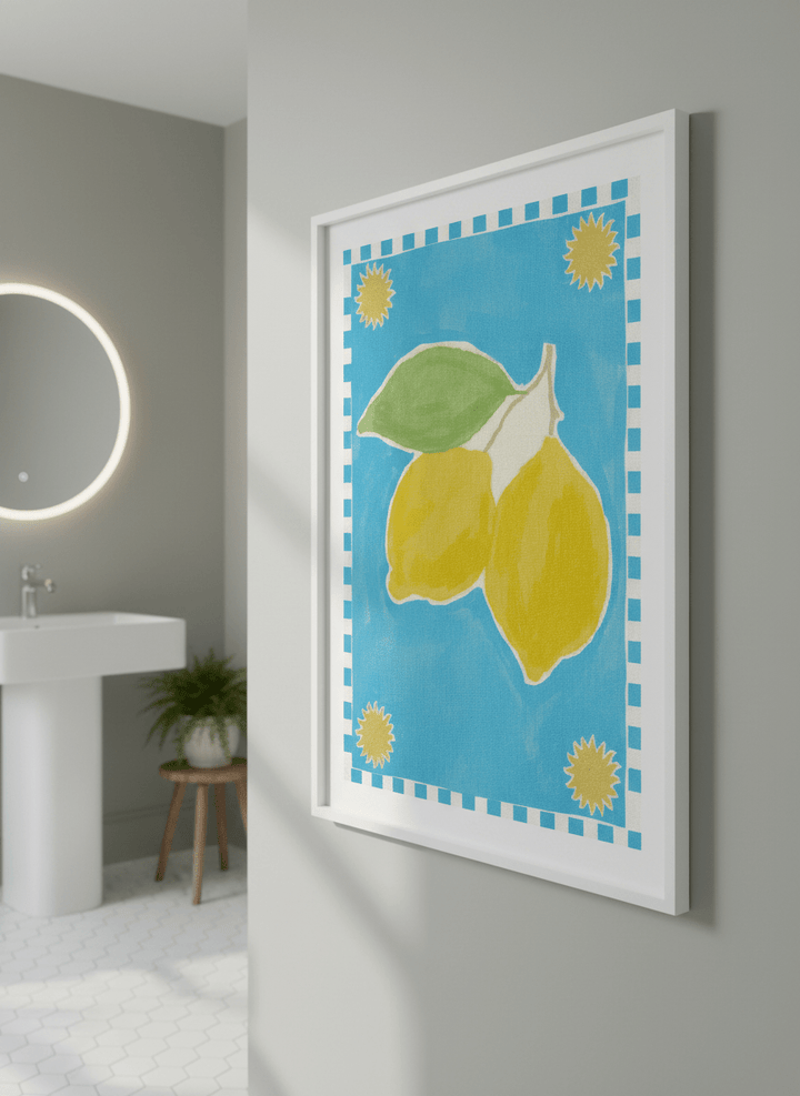 Modern print displayed in a clean minimalist bathroom setting