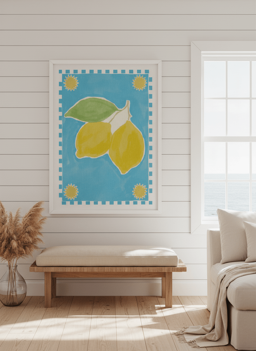 Neutral wall art displayed in a sunny coastal beach house