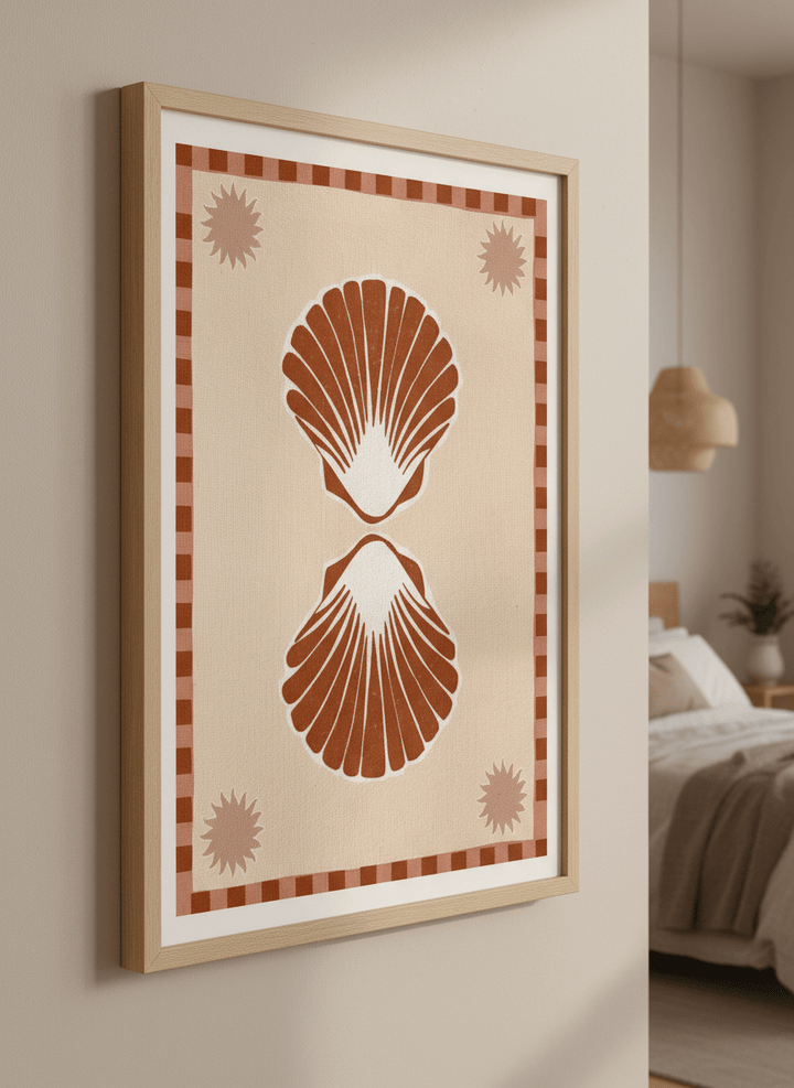Minimalist artwork displayed in a calm, light-filled bedroom interior