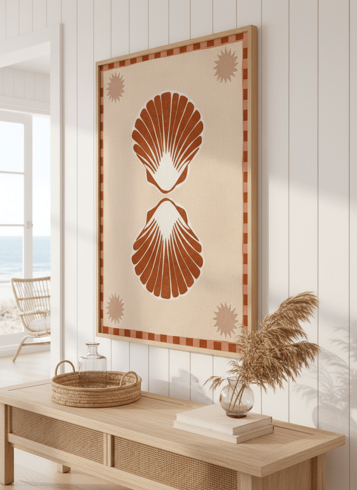 Neutral wall art displayed in a sunny coastal beach house