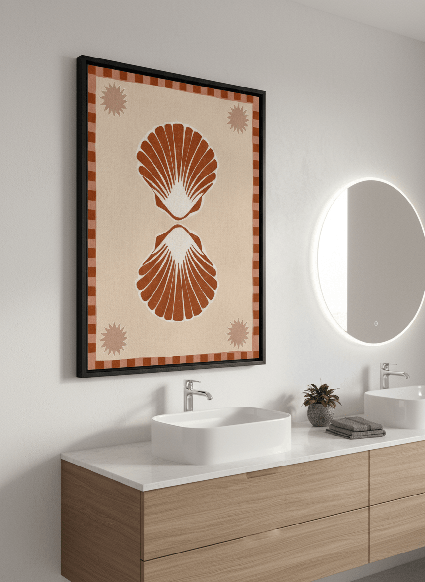 Modern print displayed in a clean minimalist bathroom setting
