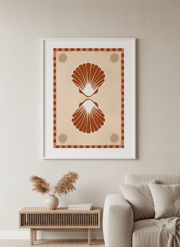 Modern wall art styled above a sofa in a neutral living room
