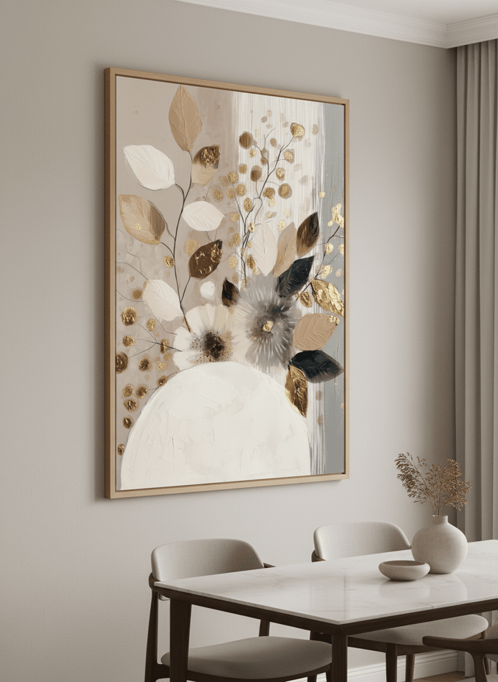 Wall art styled above a dining table in a contemporary home