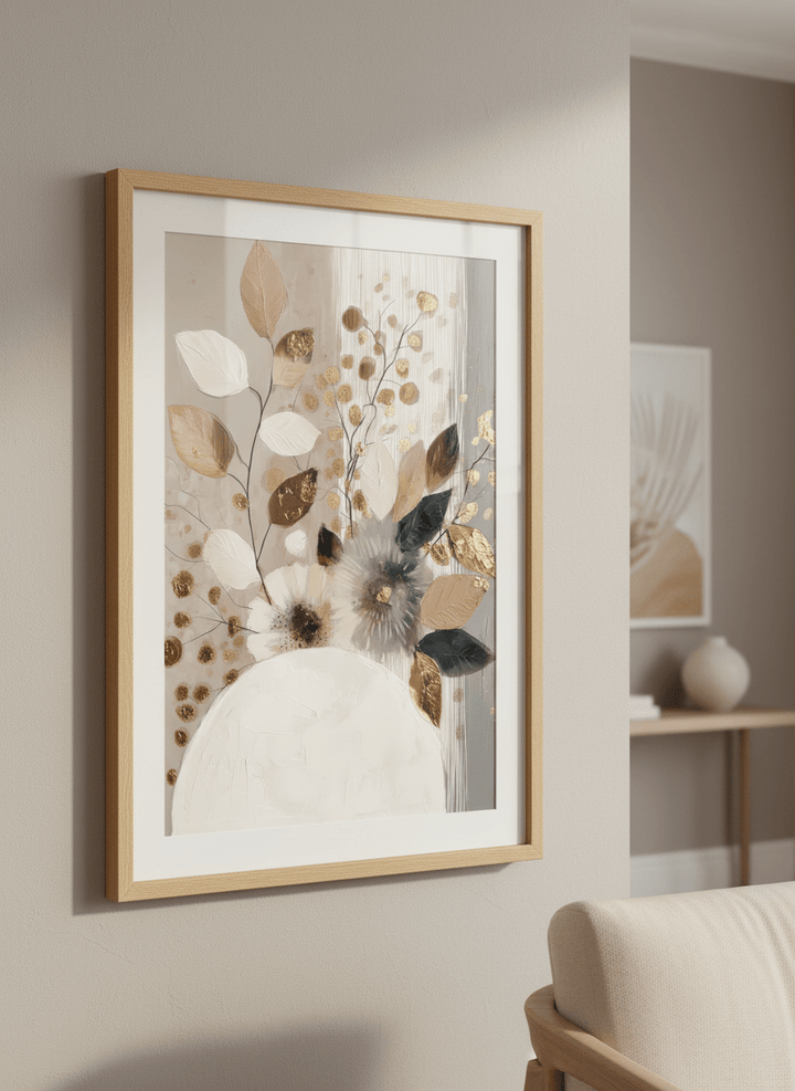 Modern wall art styled above a sofa in a neutral living room
