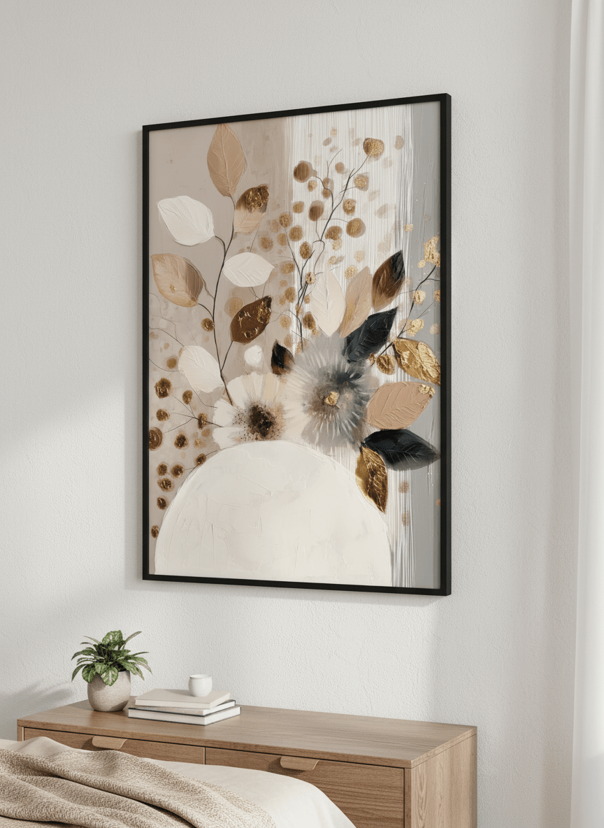 Minimalist artwork displayed in a calm, light-filled bedroom interior