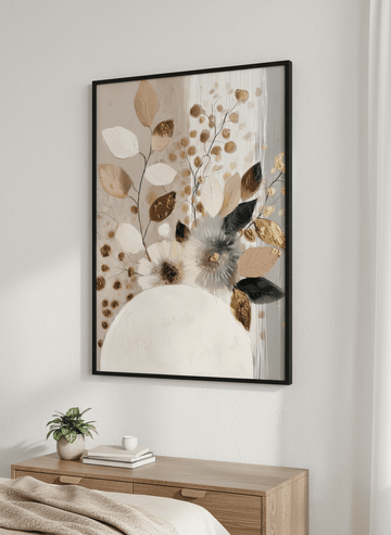 Minimalist artwork displayed in a calm, light-filled bedroom interior