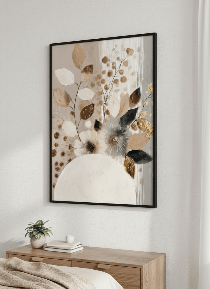 Minimalist artwork displayed in a calm, light-filled bedroom interior