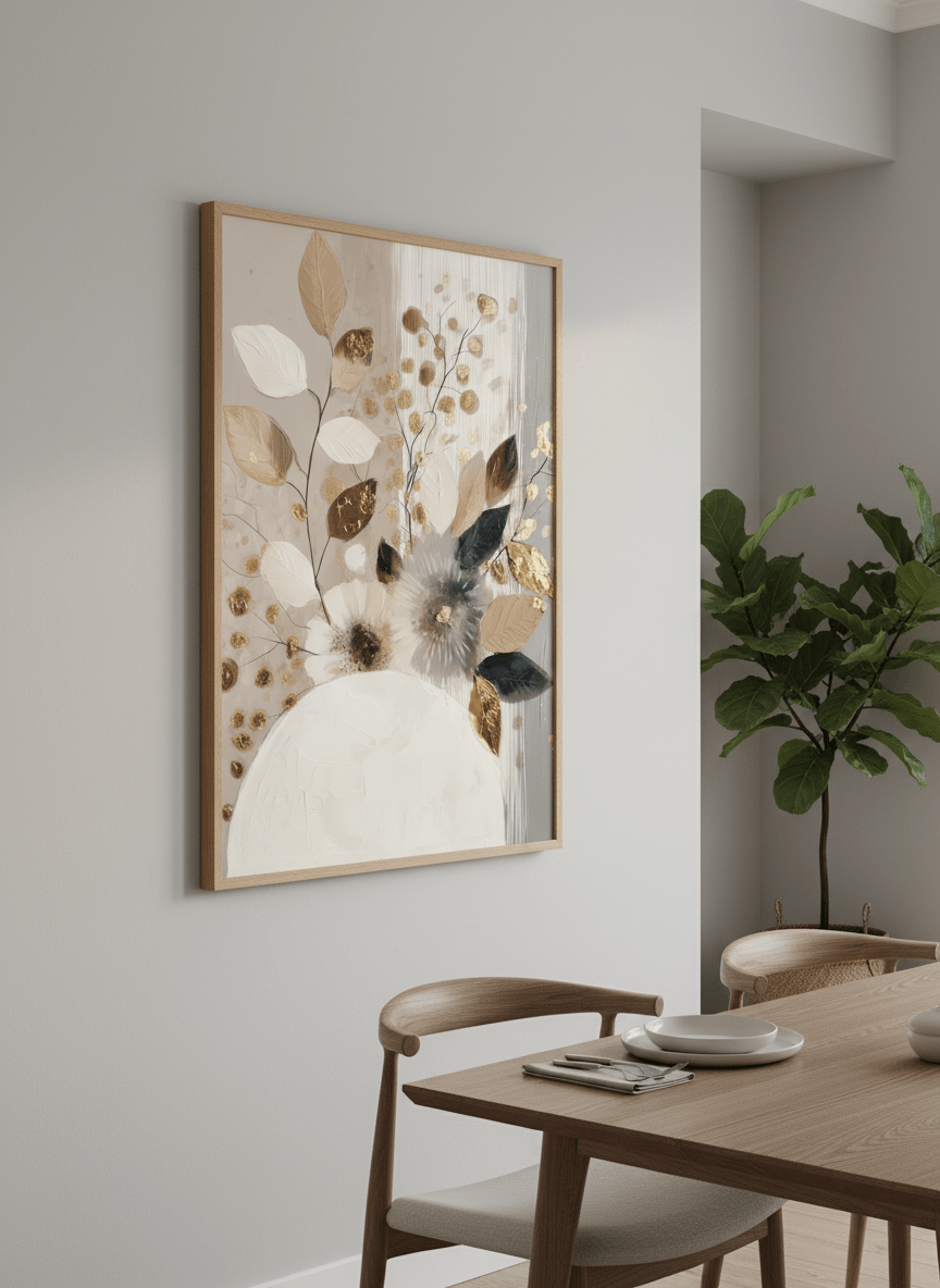 Wall art styled above a dining table in a contemporary home