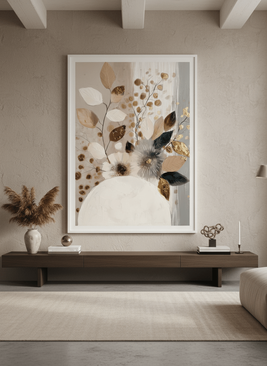 Monumental artwork centred on a feature wall in a luxe interior