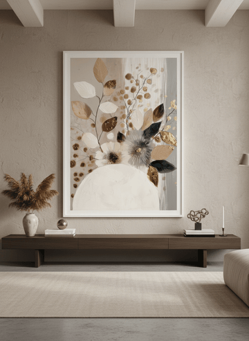 Monumental artwork centred on a feature wall in a luxe interior