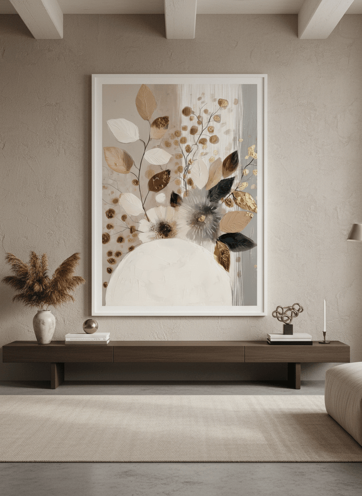 Monumental artwork centred on a feature wall in a luxe interior