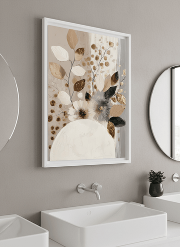 Modern print displayed in a clean minimalist bathroom setting