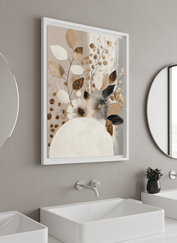 Modern print displayed in a clean minimalist bathroom setting