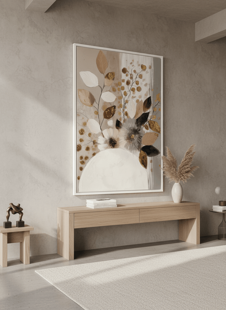 Monumental artwork centred on a feature wall in a luxe interior