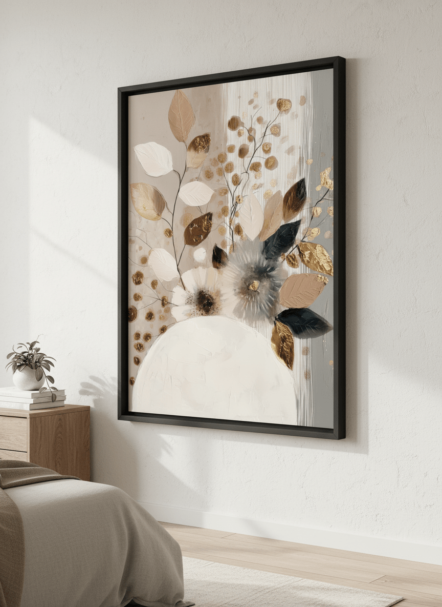 Minimalist artwork displayed in a calm, light-filled bedroom interior